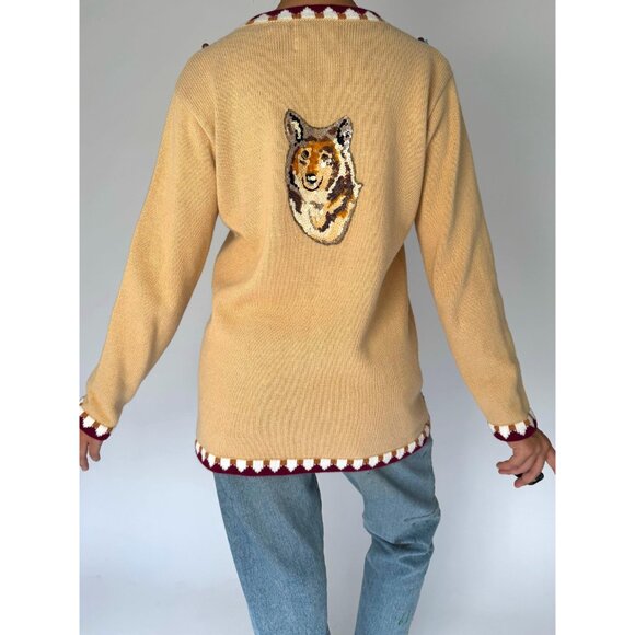 90s vintage novelty wolf animal embroidered button up cardigan knit sweater - Picture 5 of 11